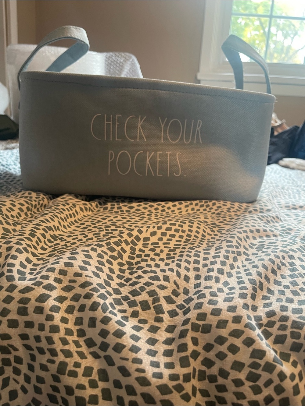 Rae Dunn Light Blue Fabric Bin "CHECK YOUR POCKETS."
